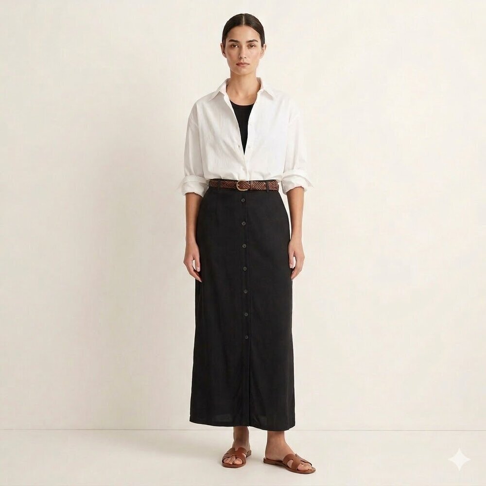Vintage 90's Gap Rayon Column Maxi Skirt Button Front Black XS/S 6